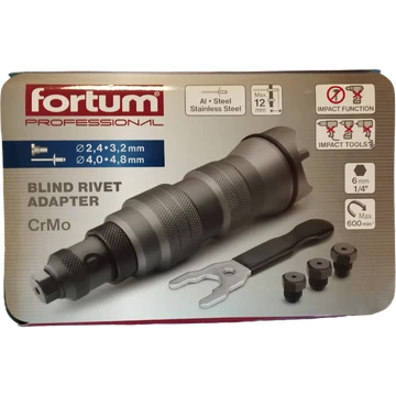 Fortum adapter klt. fúrógéphez, popszegecsekhez, 6 db, 2,4-3,2-4,0-4,8-6,0-6,4mm