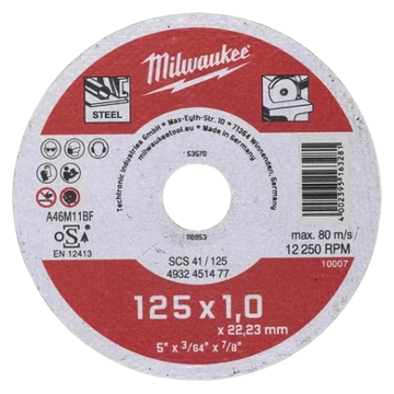 Milwaukee vágókorong fémre 125x1,0x22,2 egyenes SCS 41