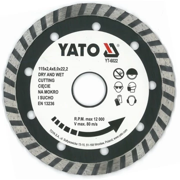 YATO gyémánt vágótárcsa 115x22,2 mm turbó